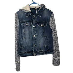 Free People Denim Jacket W/Knit Sleeves & Hood Distressed Cropped Design Size S